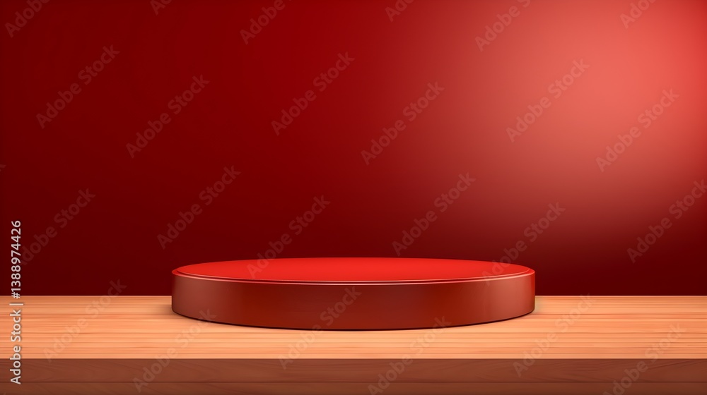 Red Podium on Wooden Platform with Red Background Minimalist Product Display Mockup Red Podium on Wooden Platform with Red Background Minimalist Product Display Mockup