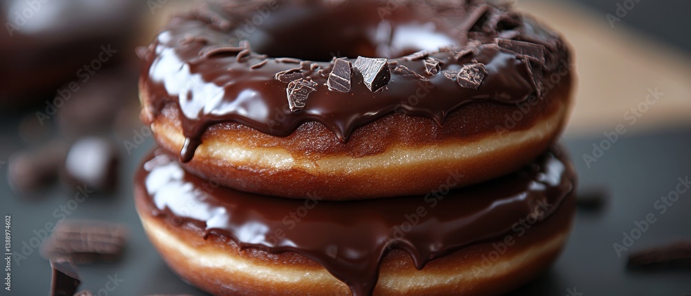Tempting Stack of Chocolate Glazed Donuts with Chocolate Shavings in a Mouthwatering Close Up Shot Tempting Stack of Chocolate Glazed Donuts with Chocolate Shavings in a Mouthwatering Close Up Shot