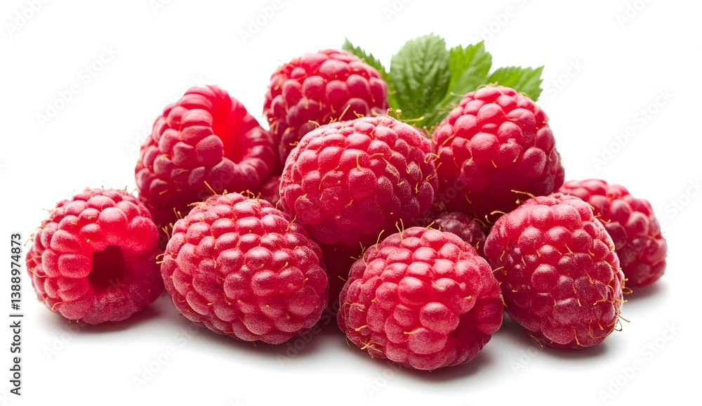 Fresh raspberries. A cluster of vibrant red raspberries, some halved, with fresh green leaves Fresh raspberries. A cluster of vibrant red raspberries, some halved, with fresh green leaves