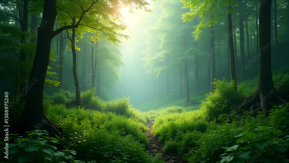 Obraz premium High-Resolution Lush Green Forests: Dynamic Natural Lighting & Refined Foliage Details for Landscape Enthusiasts | Serenity & Environmental Harmony in Photo Stock