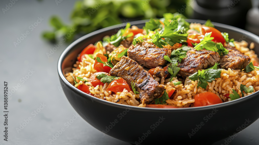 Delicious kabsa with tender meat, rice, and fresh herbs, garnished with tomatoes. flavorful dish perfect for sharing Delicious kabsa with tender meat, rice, and fresh herbs, garnished with tomatoes. flavorful dish perfect for sharing
