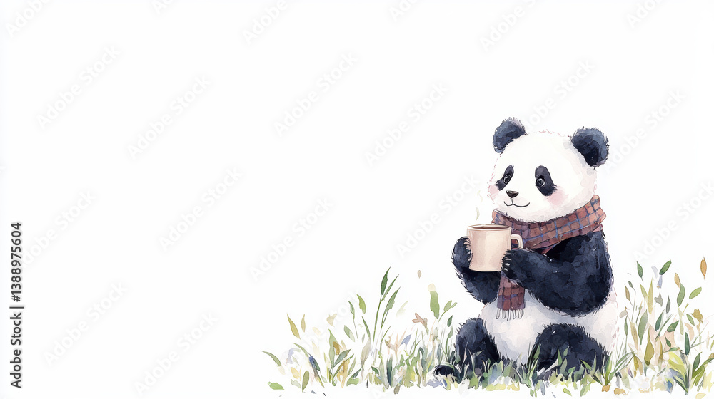 Fototapeta cute panda sitting in grass, wearing scarf, holding mug