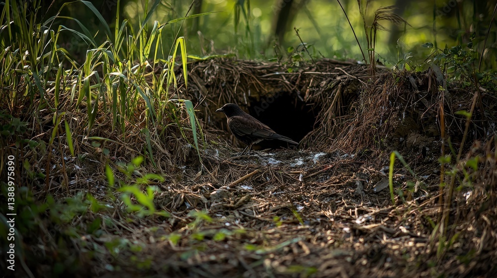 Fototapeta premium Bird nesting in a hidden burrow forest habitat wildlife photography natural environment serene viewpoint