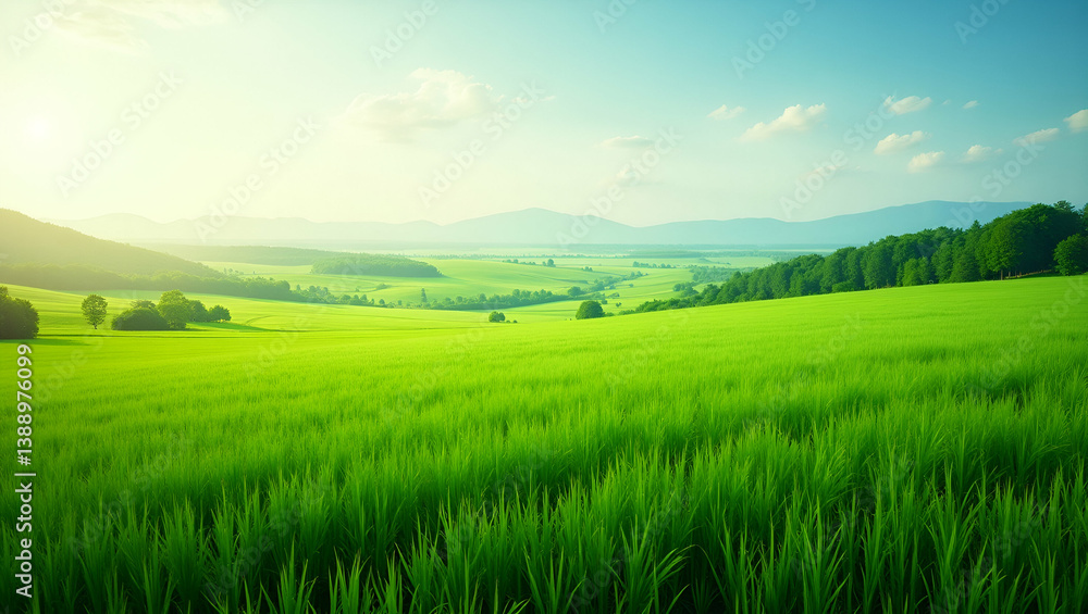 Obraz premium Explore meticulously curated photo stock of fresh green landscapes, featuring expansive fields and dynamic foliage that embody ecological sustainability.