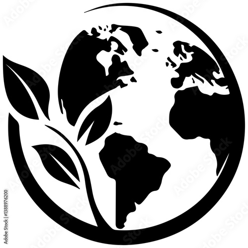 Eco Vector, Black and White Go Green Planet with Leaves Vector Illustration