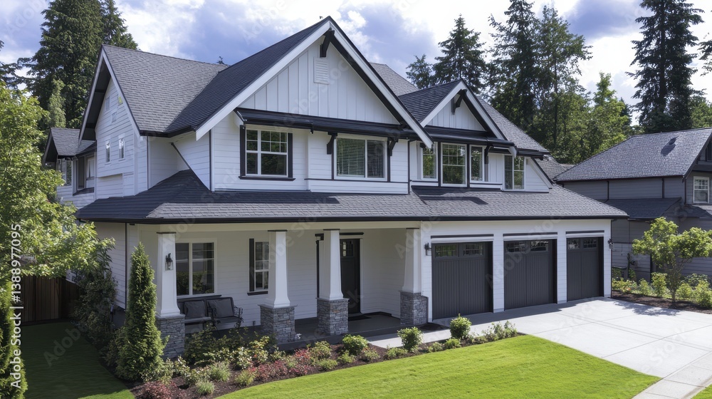 Modern two-story suburban house with garage in forested neighborhood Modern two-story suburban house with garage in forested neighborhood