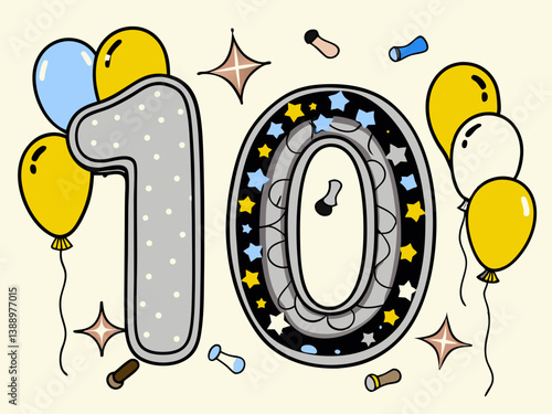 Balloons with numbers. 10. 3D rendering.