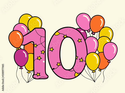 Balloons with numbers. 10. 3D rendering.