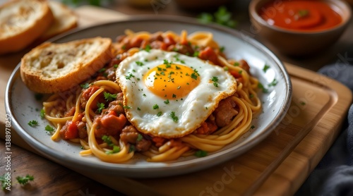 Delicious Spaghetti with Fried Egg and Tomato Sauce