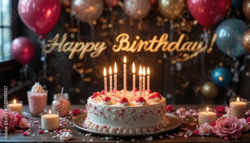 Delicious birthday cake decorated with colorful candles and balloons for a joyful celebration event