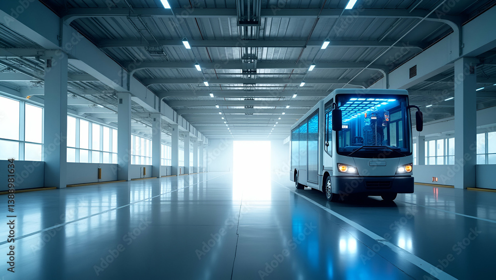 Fototapeta premium Modern Minimalist Wallpaper: Expansive Space Showcasing Advanced AGV Solutions with Digital Navigation in Contemporary Industrial Logistics