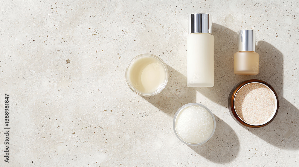 Fototapeta premium Minimalist skincare products arranged on light stone surface, showcasing beauty essentials for morning routine