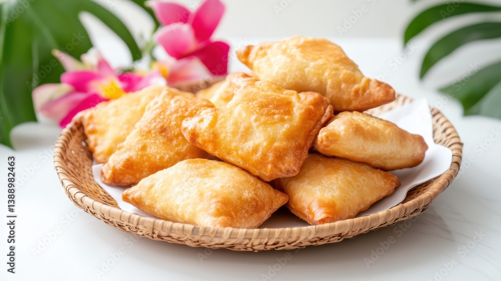 Golden Basket of Fried Pastries on Rustic Table Evoking Comfort and Joy Golden Basket of Fried Pastries on Rustic Table Evoking Comfort and Joy