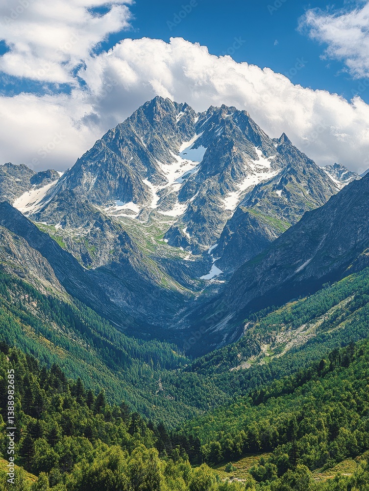 Fototapeta premium Majestic mountain peak with snow patches under a cloudy blue sky overlooking a lush green valley forest aerial view nature landscape