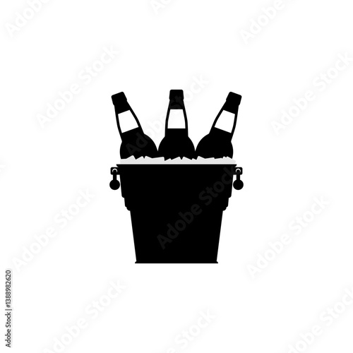 Black silhouettes of beer bottles in a metal bucket with handles and ice cubes on a white background. Isolated vector icon and logo, flat illustration.