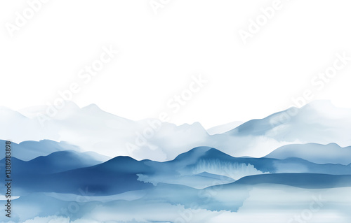 Watercolor painting of blue mountains layered with fog and a dark sky above the mountain range art on transparent background