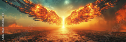 Fiery biomechanical wings glowing over ocean at sunset