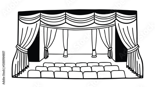 Line art theater stage seats arrangement curtain art vector	