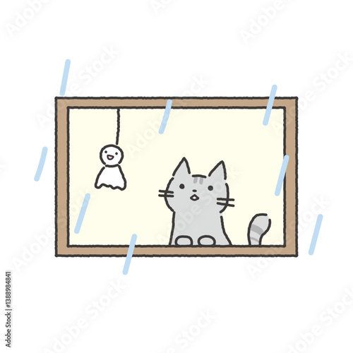 窓から梅雨の雨を見つめる猫イラスト