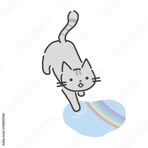 梅雨の雨上がりの水たまりに手を伸ばす猫イラスト
