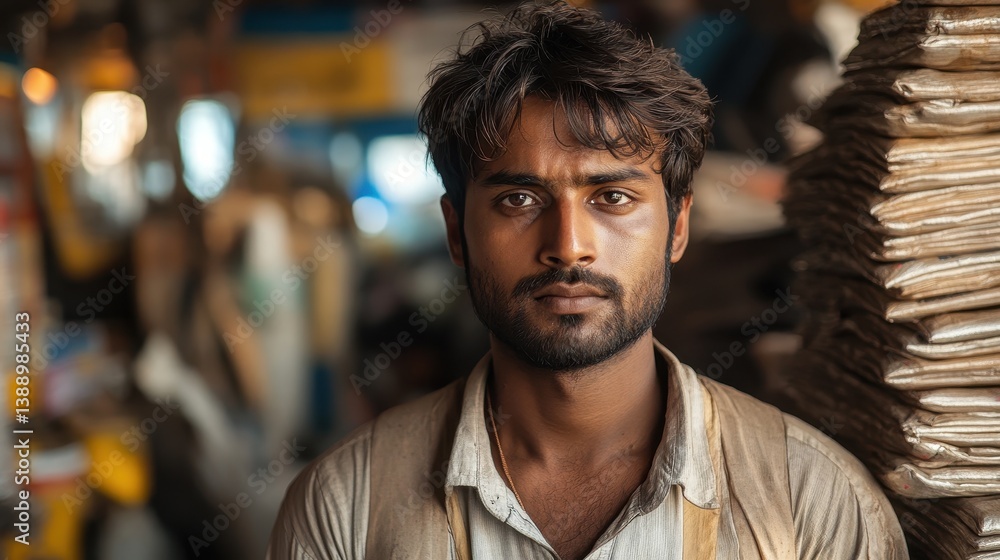Fototapeta premium Young asian male in urban setting with stacks of newspapers in background