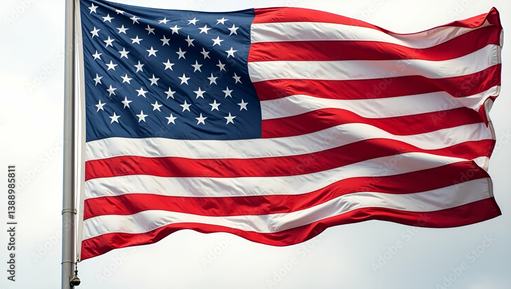 Obraz premium High resolution photostock image of the American flag, showcasing bold colors and dynamic design, symbolizing national unity with space for text.