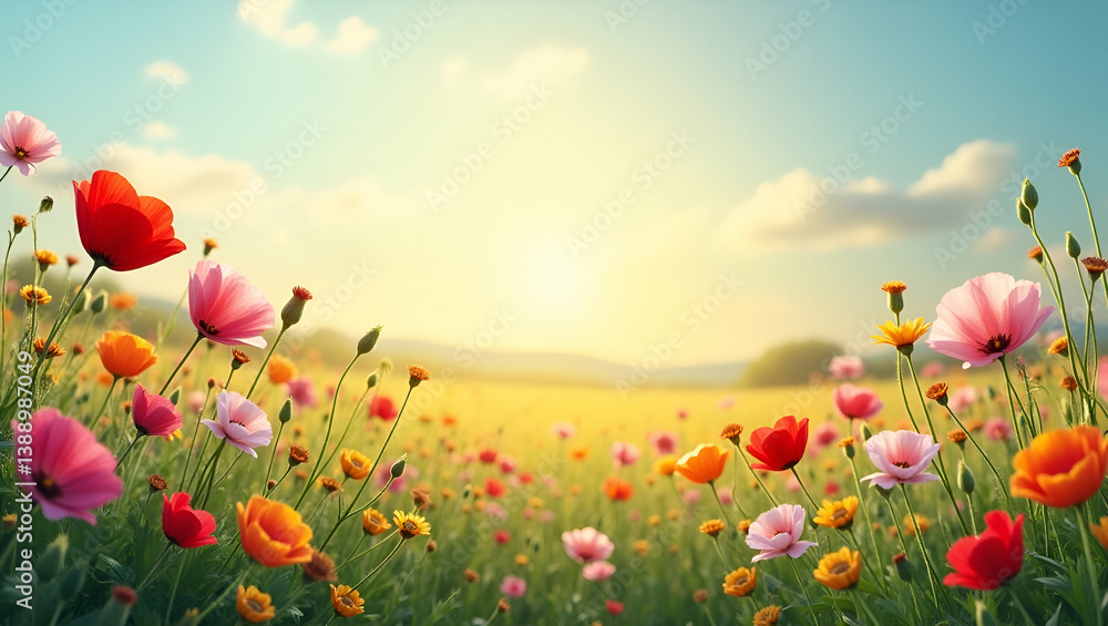 Fototapeta premium Capture the Beauty of Colorful Wildflowers in Expansive Meadows: Vibrant Hues and Rustic Charm in Stunning Botanical Photography for Stock Use
