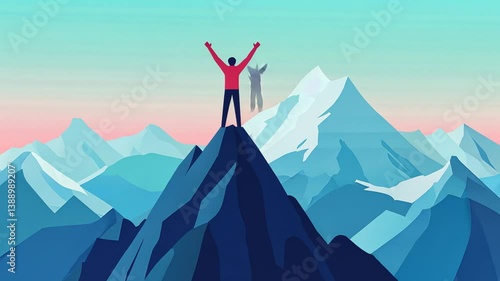 Animated video of a man standing on a mountain top with his hands raised in victory