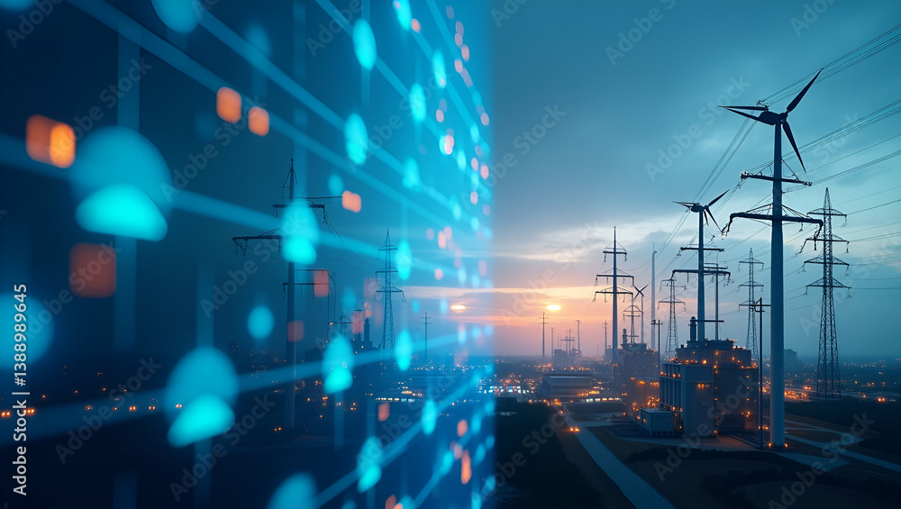 Fototapeta premium High Efficiency Sustainable Energy Plant: Advanced Renewable Power Systems & Digital Analytics for Optimized Clean Power Generation in Photo Stock Concept