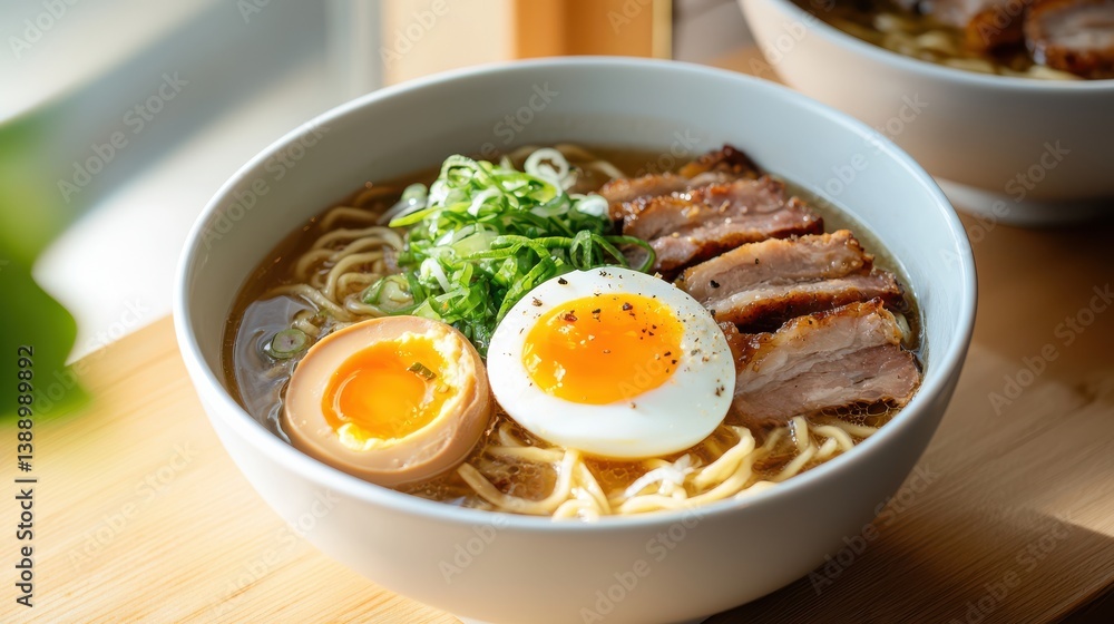 Delicious Bowl of Noodles Topped with Fried Egg and Fork for Eating Delicious Bowl of Noodles Topped with Fried Egg and Fork for Eating