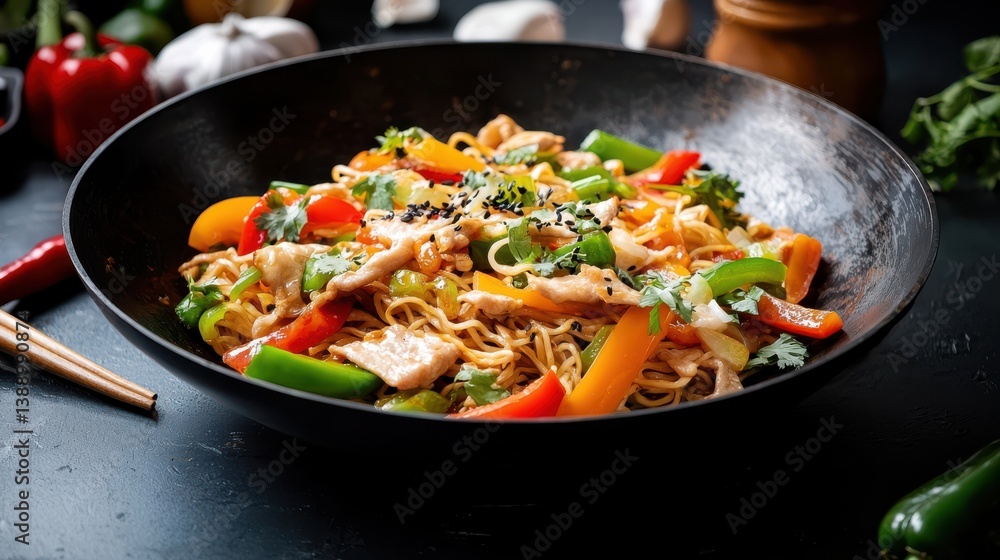 Delicious Bowl of Noodles Topped with Fresh Vegetables and Chopsticks Delicious Bowl of Noodles Topped with Fresh Vegetables and Chopsticks
