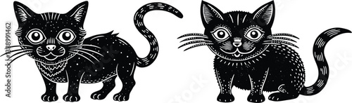 Halloween cat illustration infused with surreal, psychedelic vibes. Featuring retro stippling techniques and grunge textures, this design blends old-school inking with modern experimental chaos vector