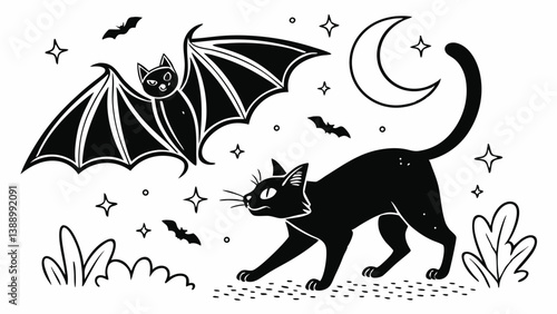 Halloween cat illustration infused with surreal, psychedelic vibes. Featuring retro stippling techniques and grunge textures, this design blends old-school inking with modern experimental chaos vector