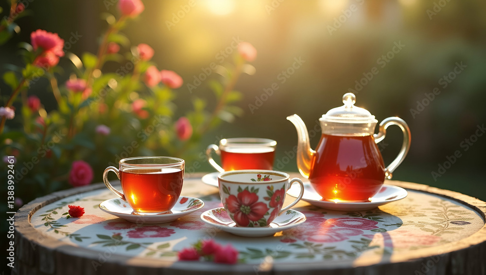 Fototapeta premium Capture an enchanting tea garden scene with vintage teaware, floral backdrops, and serene light, perfect for outdoor leisure and gatherings.