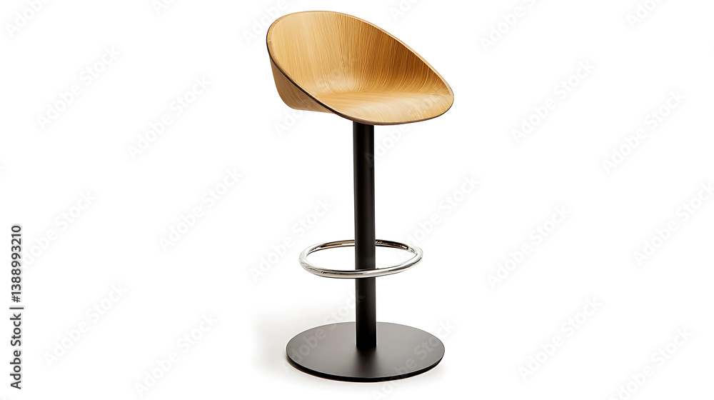 A wooden stool with a black base and a silver ring A wooden stool with a black base and a silver ring