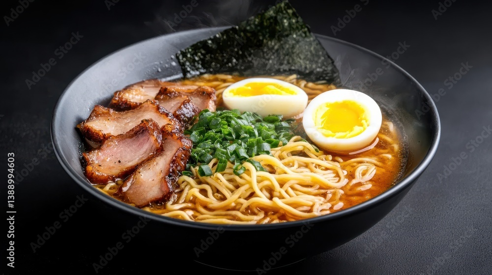 Delicious Bowl of Ramen with Boiled Egg and Fresh Vegetables on Top Delicious Bowl of Ramen with Boiled Egg and Fresh Vegetables on Top