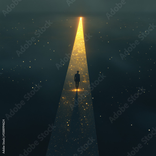 A person walking on a narrow glowing beam over a dark void, with golden light at the end of the path, symbolizing calculated risk, courage, and reward, surreal lighting, high contrast.