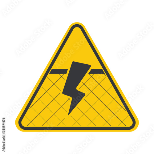 Isolated safety sign of a mesh fence with a lightning bolt icon, warning of high-voltage electric shock danger