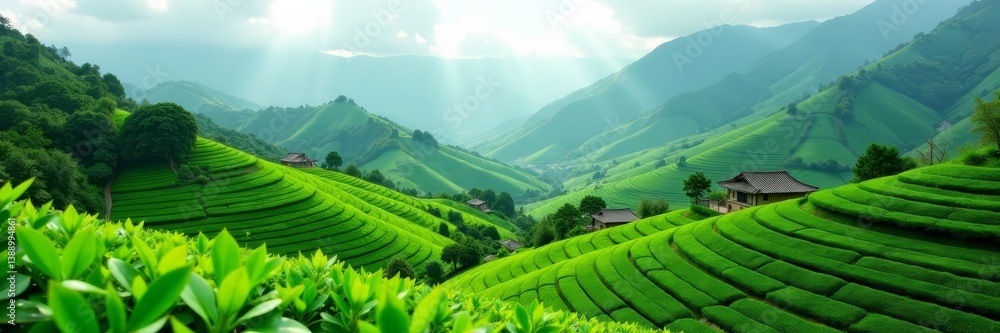 Fototapeta premium Lush green tea fields on rolling hills with traditional Chinese farmhouses, China, countryside
