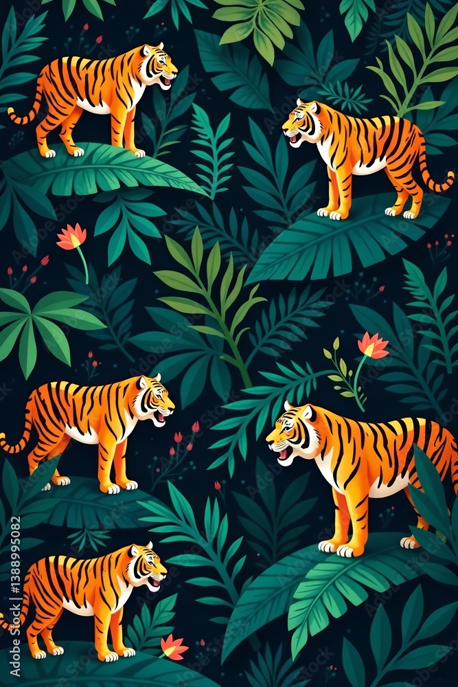 Obraz premium Lush jungle with vibrant tigers in repeated pattern, leaves, nature