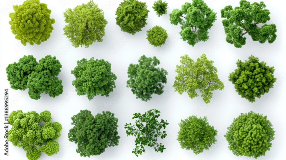 Top view of trees and bushes, vector graphics, flat design, white background, various shapes, green color, high resolution, no shadows, hyper-realistic details, hyper-detailed, hyper-realism, hyper-de Top view of trees and bushes, vector graphics, flat design, white background, various shapes, green color, high resolution, no shadows, hyper-realistic details, hyper-detailed, hyper-realism, hyper-de