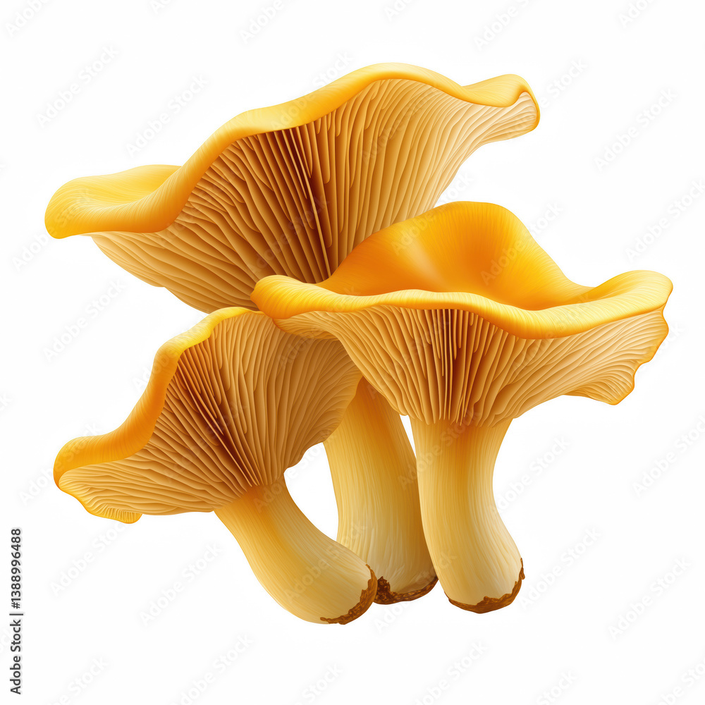 Realistic illustration of fresh golden chanterelle mushrooms with wavy caps and gill details, wild edible fungi for gourmet cooking isolated on transparent background
Realistic illustration of fresh golden chanterelle mushrooms with wavy caps and gill details, wild edible fungi for gourmet cooking isolated on transparent background