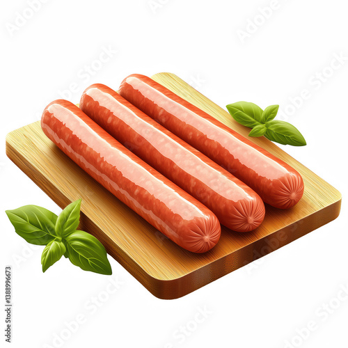 Realistic illustration of fresh pork hot dog sausages arranged on wooden cutting board with basil leaves, raw meat ingredient isolated on transparent background

