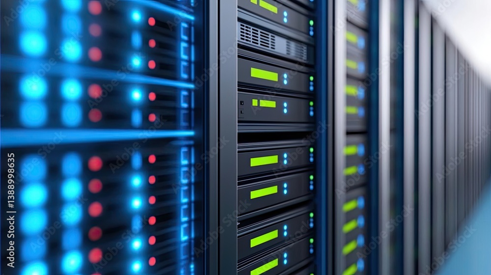 Cloud server intelligent innovation for managing systems concept. Close-up of data servers with illuminated indicators and cables. Cloud server intelligent innovation for managing systems concept. Close-up of data servers with illuminated indicators and cables.