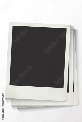 Blank old instant photograph vertical frames with stained effect superimposed isolated on white vertical background graphic illustration.