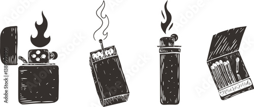 Monochrome matchbox and lighter with flames. Collection design elements in modern grunge style for tattoo or print.
