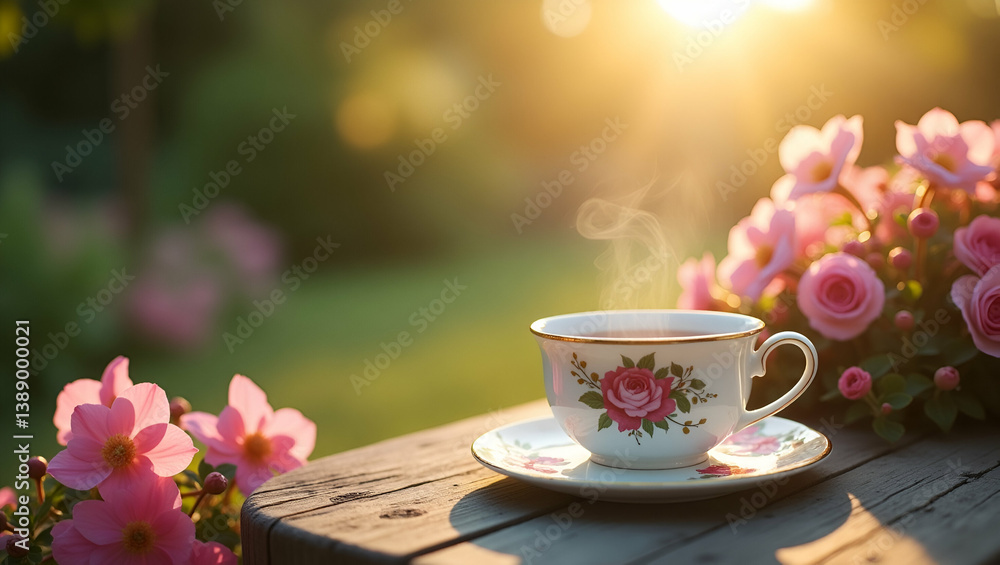 Fototapeta premium Enchanting Garden Tea Experience: Vintage Teaware, Floral Backdrops & Natural Light for Serene Outdoor Gatherings - Perfect for Connoisseurs & Artistic Inspiration