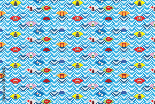 Seamless pattern of blue Japanese wave pattern with Japan symbols drawing in colorful cartoon vector