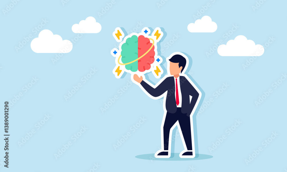 Businessman appears to present a brain that is thinking or working, illustration of a presentation related to business ideas and thoughts Businessman appears to present a brain that is thinking or working, illustration of a presentation related to business ideas and thoughts