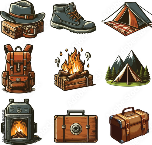set of camping icon silhouette victor design isolated on the white background.